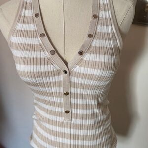 White House Black Market Beige & White Ribbed V-Neck Stripe Tank